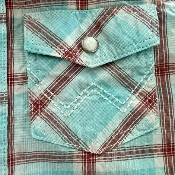 Wrangler Turquoise and Brown Plaid Baby Romper - Picture 2 of 3